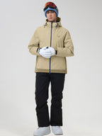 Men's khaki ski jacket and snow pants set, hands clasped