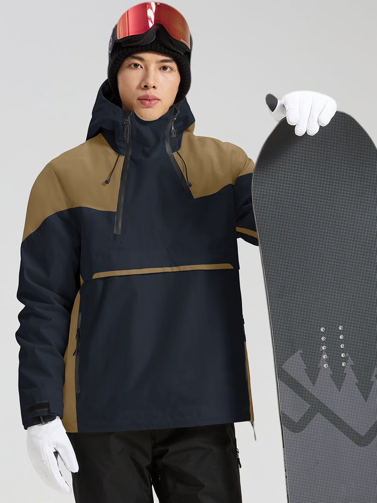Men's navy and khaki color block anorak ski jacket front view
