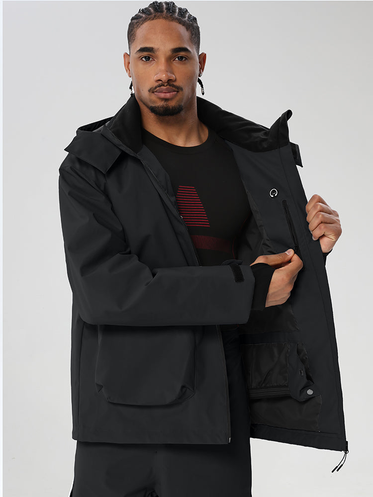Black men's relaxed fit full-zip ski jacket - interior view and adjustable cuffs