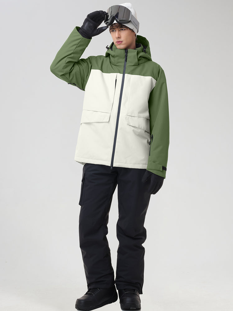 Men's army green and white color-block ski jacket with black bib snow pants, front view