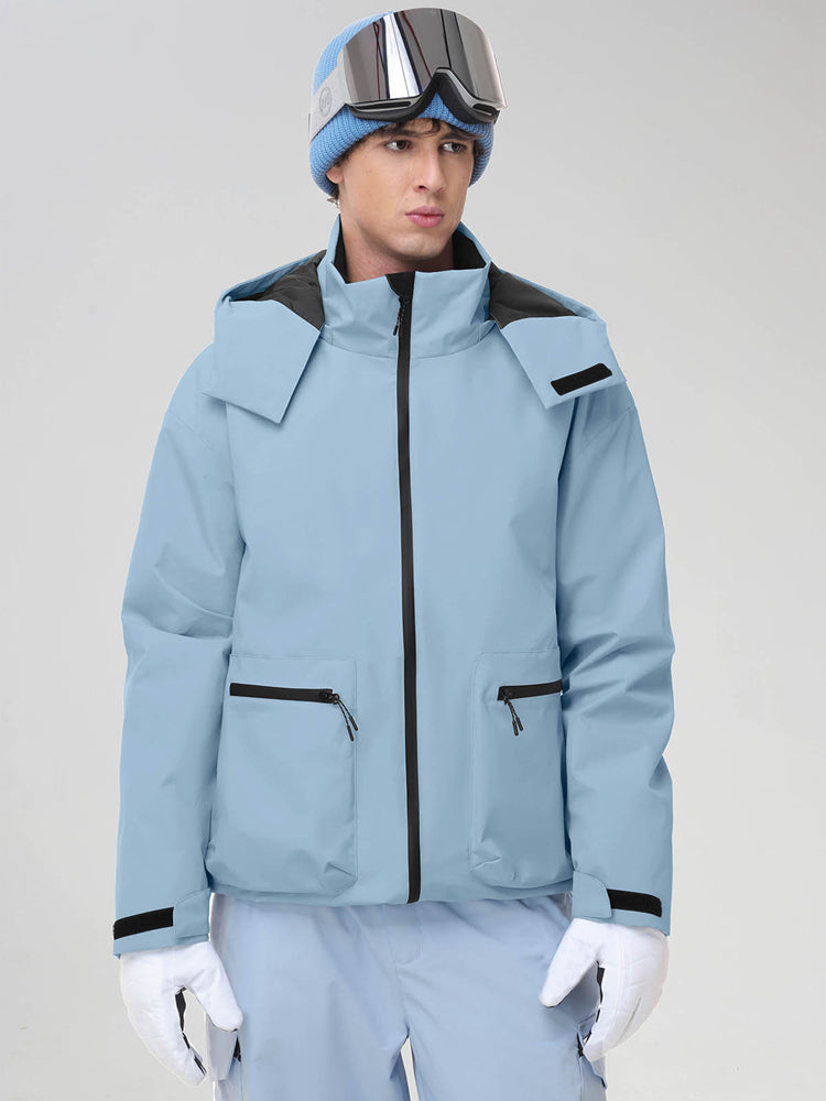 Men's Light Blue Hooded Cargo Pocket Snowboard Jacket - Angled Front View