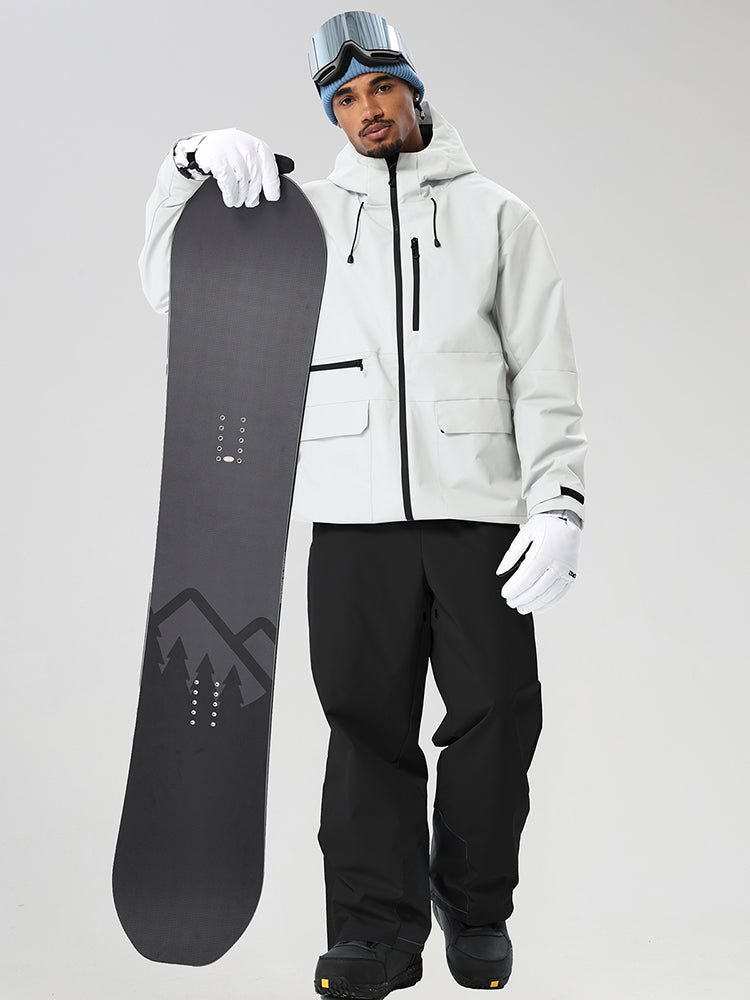 White men's full-zip ski jacket and black pants set - front outfit with snowboard