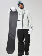 White men's full-zip ski jacket and black pants set - front outfit with snowboard