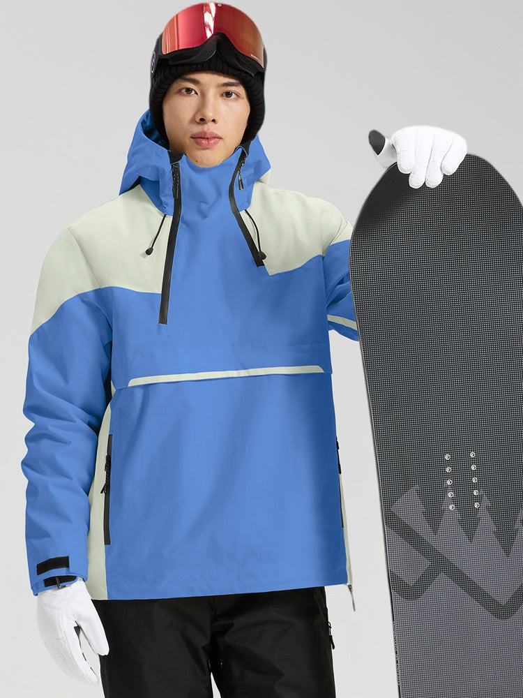 Men's blue and off-white color block anorak ski jacket front view