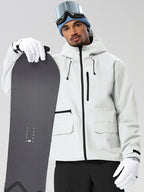 White men's full-zip ski jacket and black pants set - jacket with snowboard