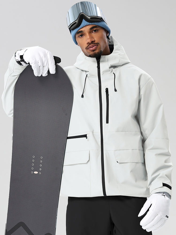 White men's full-zip ski jacket and black pants set - jacket with snowboard