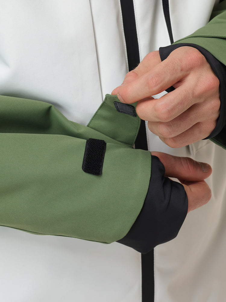 Close-up of the adjustable hook-and-loop cuff tab on the jacket sleeve