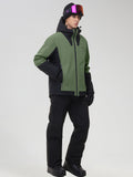 Men's army green ski jacket with black contrast panels, side view