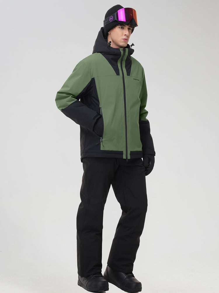 Men's army green ski jacket with black contrast panels, side view