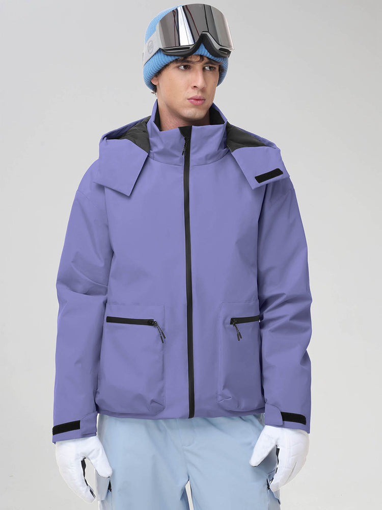 Men's Purple Hooded Cargo Pocket Snowboard Jacket - Front View with Contrast Shoulder Panels