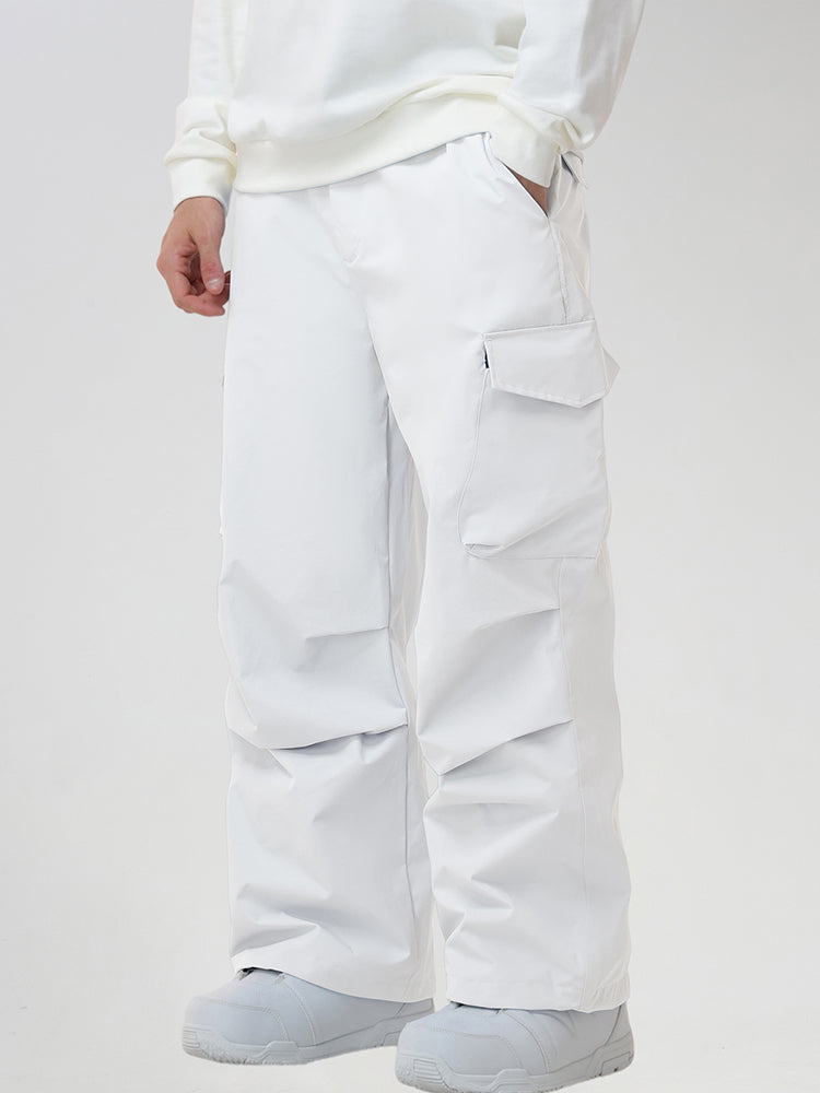 Men's Baggy Cargo Pocket Ski Pants in White - Three-Quarter View with Hand in Pocket