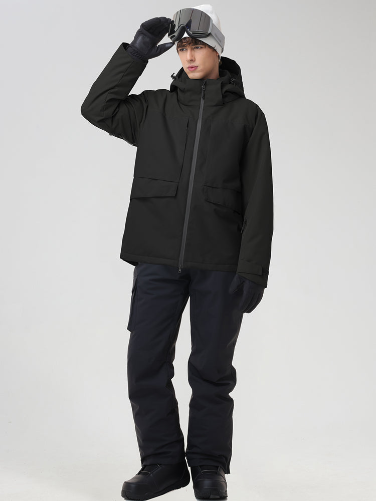 Men's black ski jacket and black bib snow pants, front view