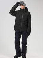 Men's black ski jacket and black bib snow pants, front view