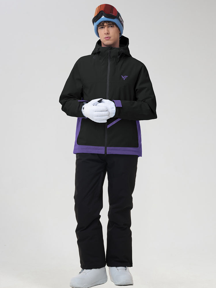 Men's black ski jacket and snow pants set, arms crossed