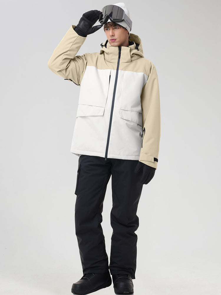 Men's khaki and white color-block ski jacket with black snow pants, front view