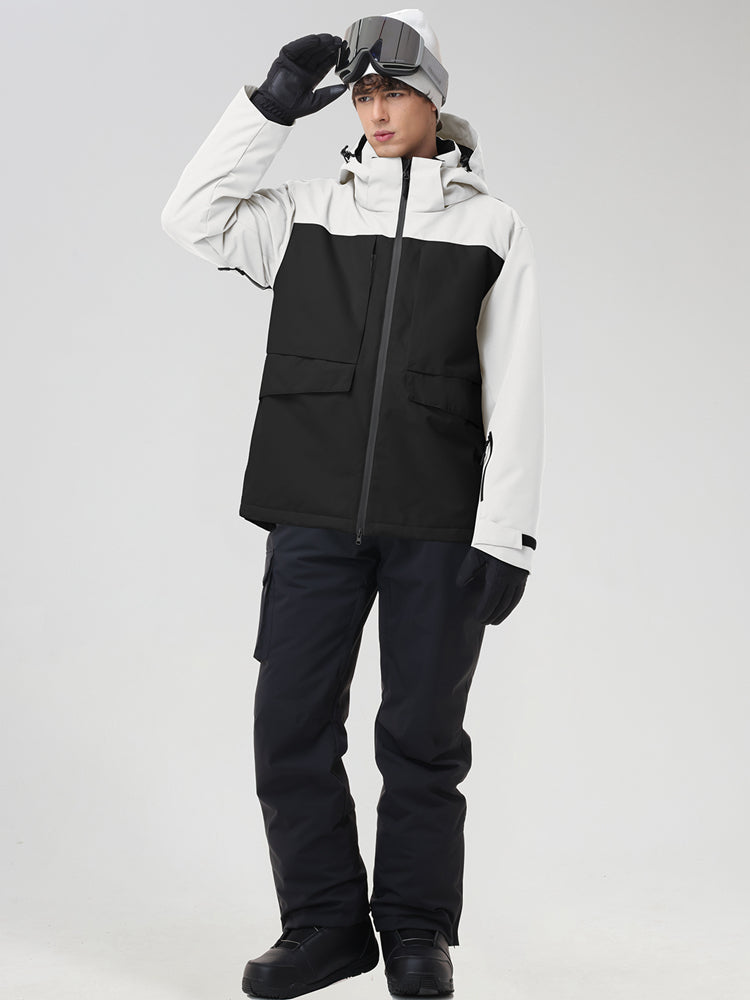 Men's white ski jacket with black color-block panel and black snow pants, front view