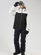 Men's white ski jacket with black color-block panel and black snow pants, front view
