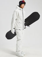 Men's white 2-piece snowboard jacket and pants set with snowboard