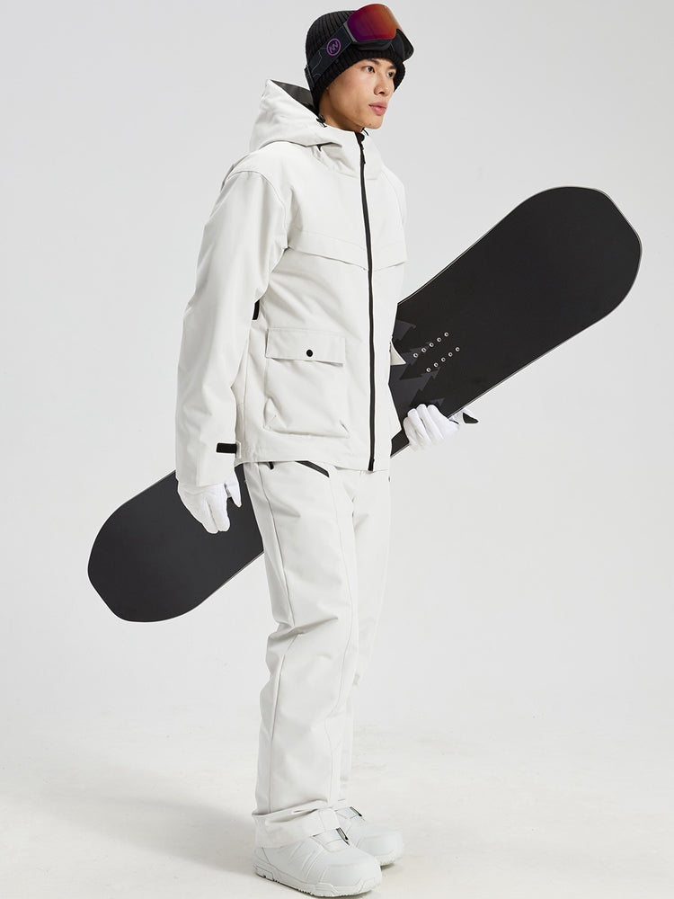 Men's white 2-piece snowboard jacket and pants set with snowboard