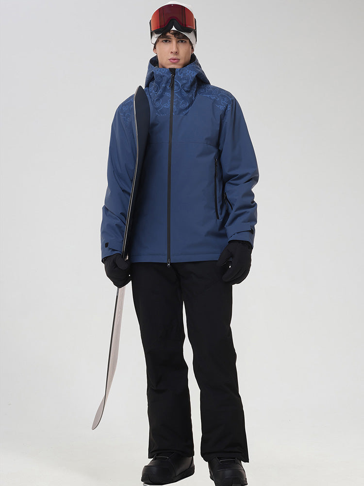 YEEFINE men's Navy graphic jacket and black pants, front view with ski poles
