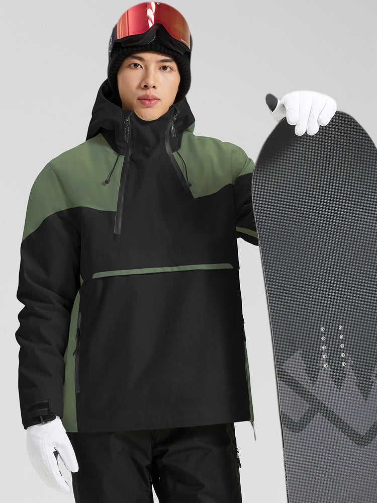 Men's army green and black color block anorak ski jacket front view