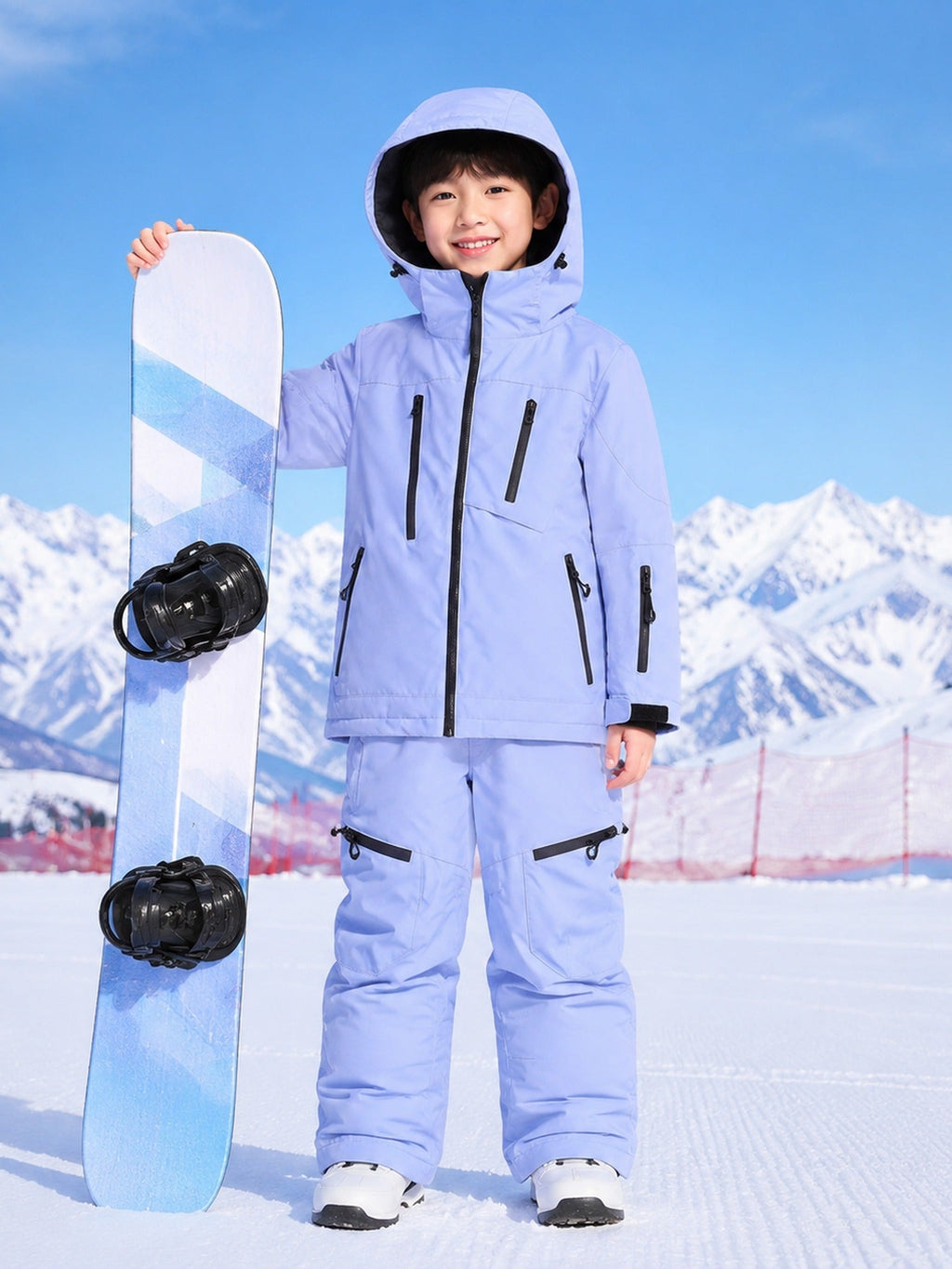 Kids lavender ski jacket and bib pants set with snowboard