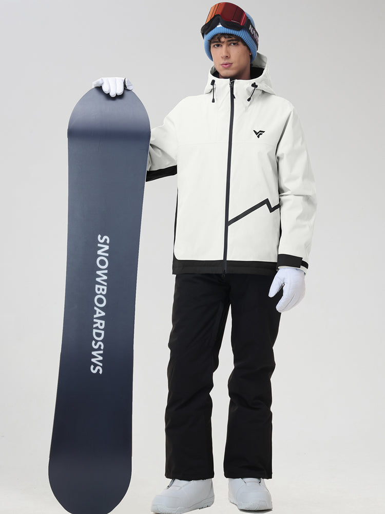 Front view of the men's casual ski jacket and snow pants set in beige, holding a snowboard