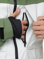 Close-up of the zippered chest pocket under the front flap of the ski jacket