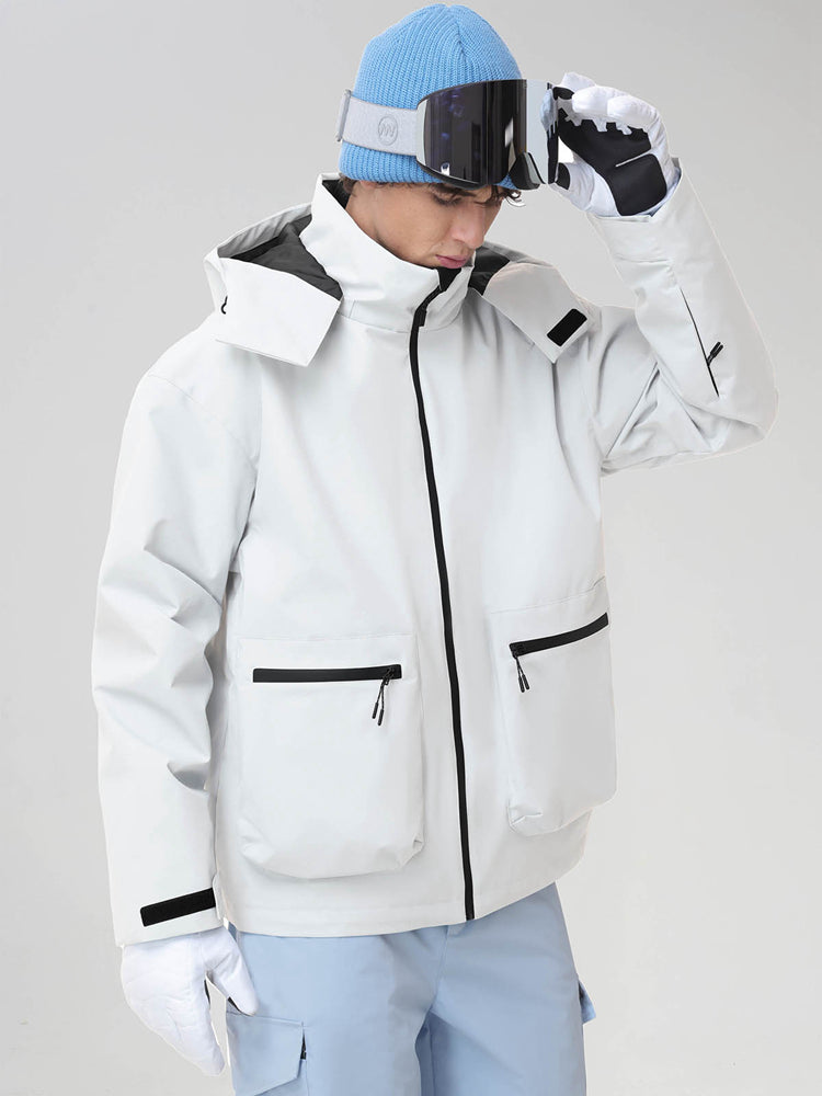 Men's White Hooded Cargo Pocket Snowboard Jacket - Angled Front View