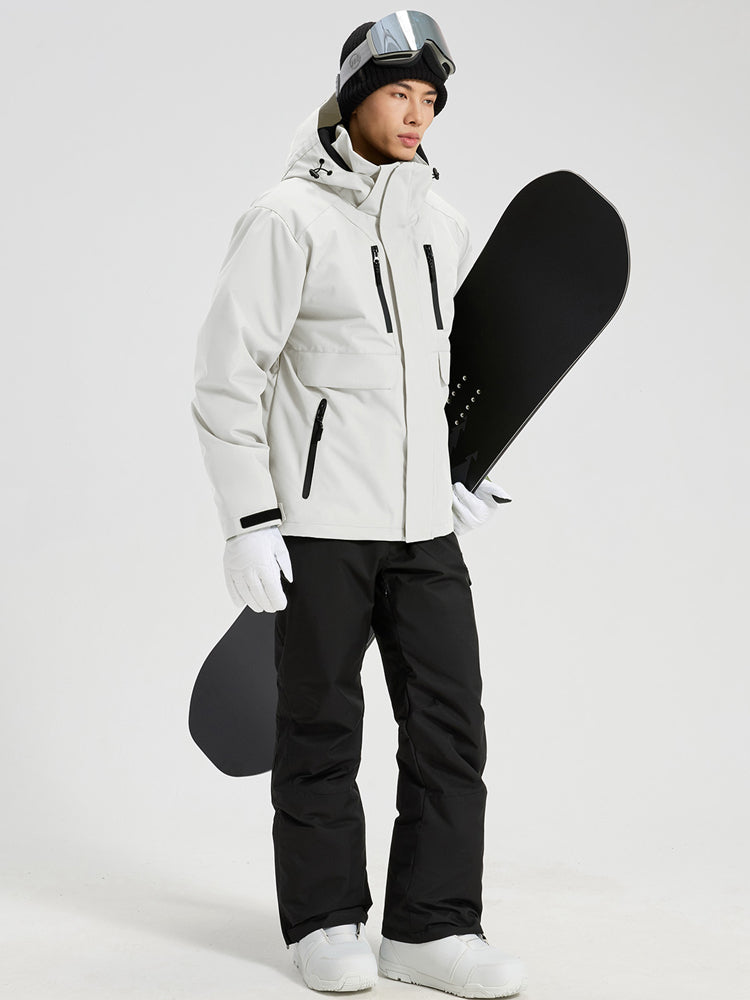 YEEFINE men's White ski jacket and black ski pants with suspenders, angled view