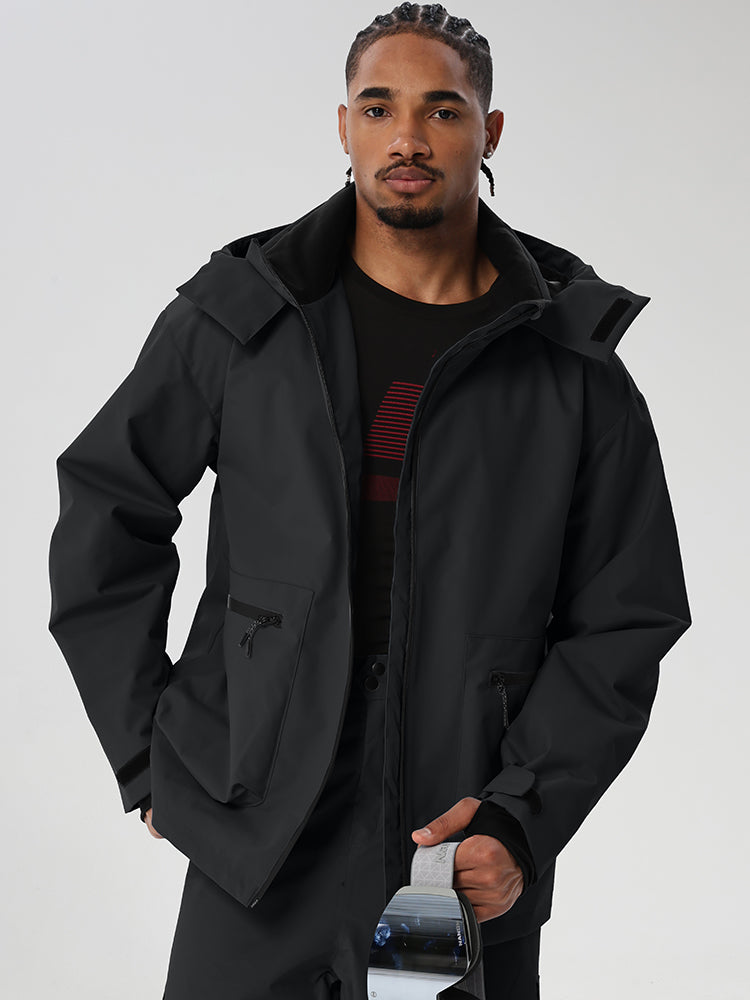 Black men's relaxed fit full-zip ski jacket - front view with zip pockets