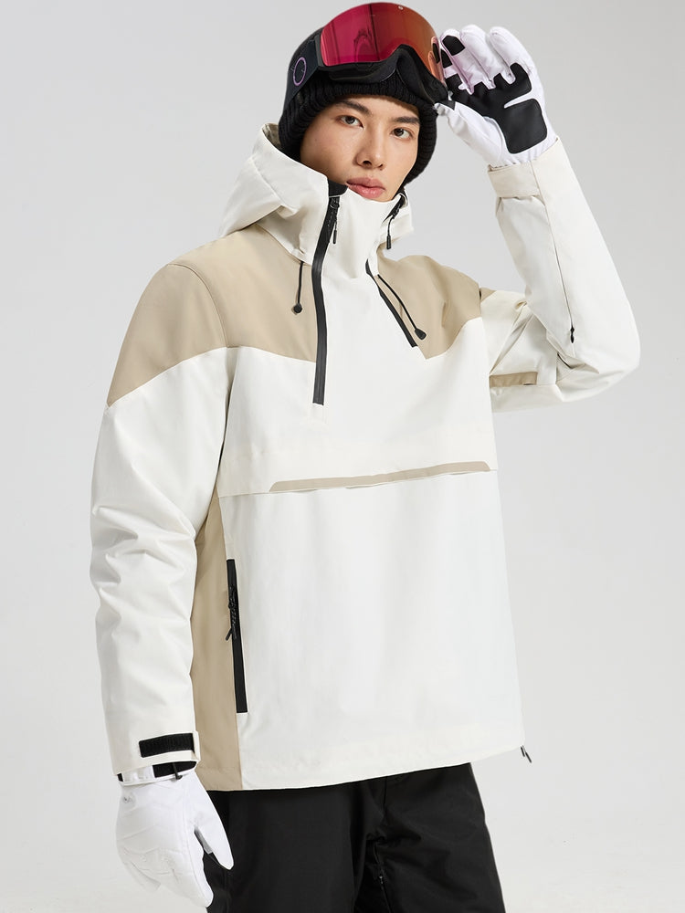 Men's white and khaki anorak ski jacket alternate front view