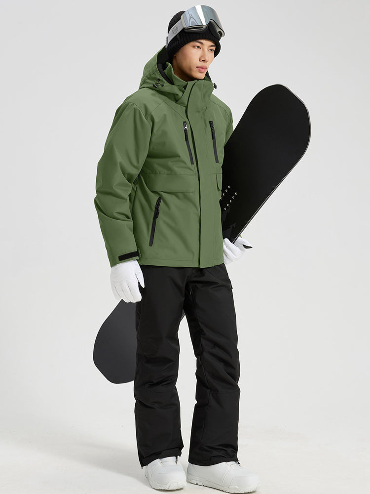 YEEFINE men's Army Green cargo jacket and black ski pants with suspenders, angled view with snowboard