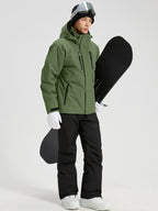 YEEFINE men's Army Green cargo jacket and black ski pants with suspenders, angled view with snowboard