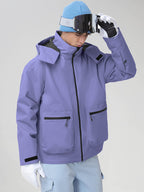 Men's Purple Hooded Cargo Pocket Snowboard Jacket - Front View Hood Up