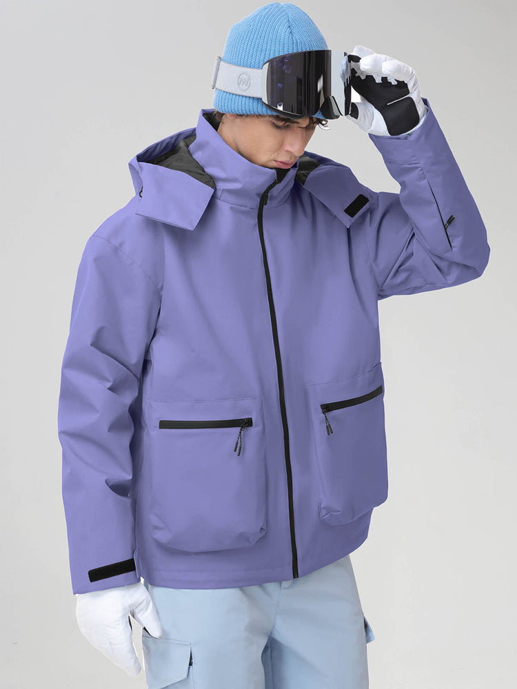 Men's Purple Hooded Cargo Pocket Snowboard Jacket - Front View Hood Up