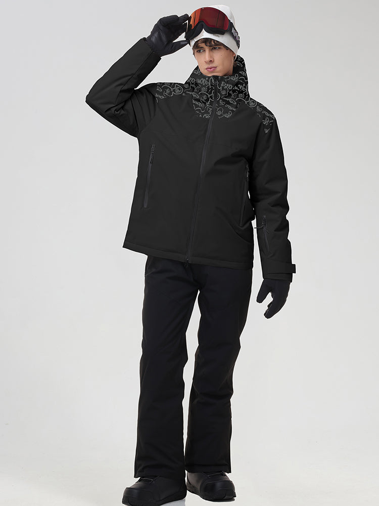 YEEFINE men's Black graphic ski jacket and black pants, posing with goggles