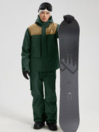 Men's Ski Jacket & Bibs Set in Dark Green – Front View with Snowboard