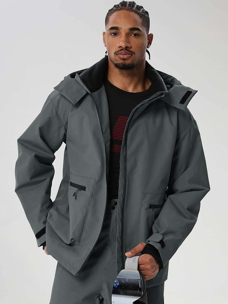 Dark Grey men's relaxed fit full-zip ski jacket - front view with zip pockets