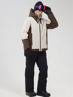 Men's beige and brown color-block ski jacket, side view