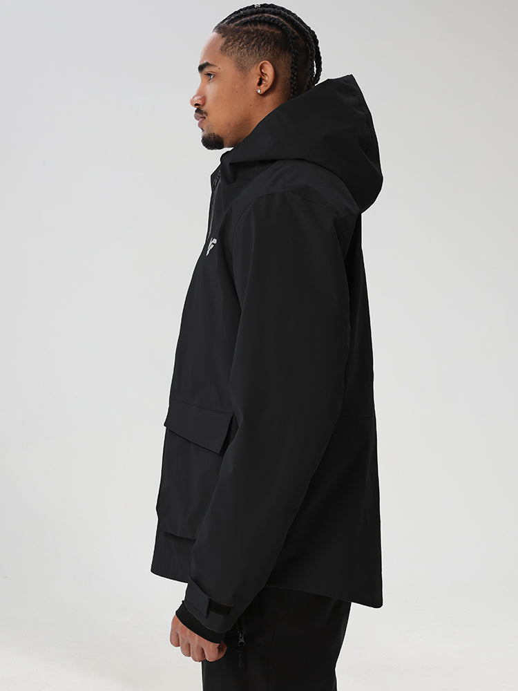 Black men's half-zip ski anorak with cargo pockets - side view with hood and cuff tabs