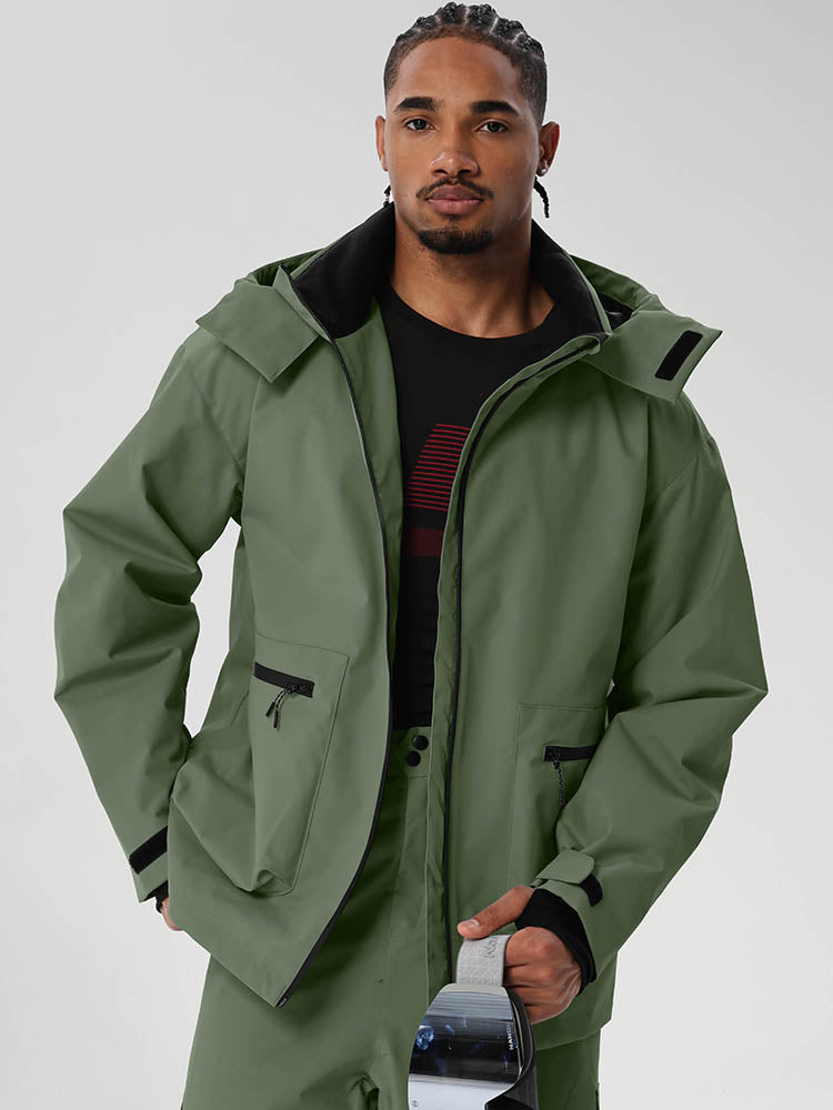 Army Green men's relaxed fit full-zip ski jacket - open front with zip pockets