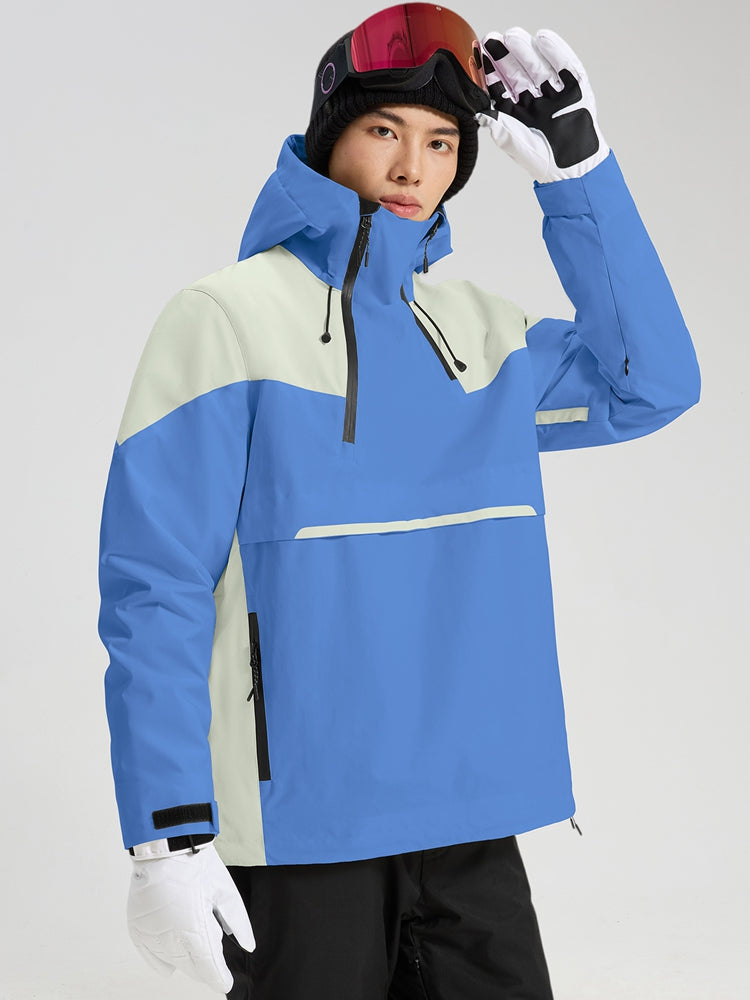 Men's blue and off-white anorak ski jacket alternate front view