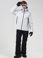YEEFINE men's White graphic ski jacket and black pants, posing with goggles