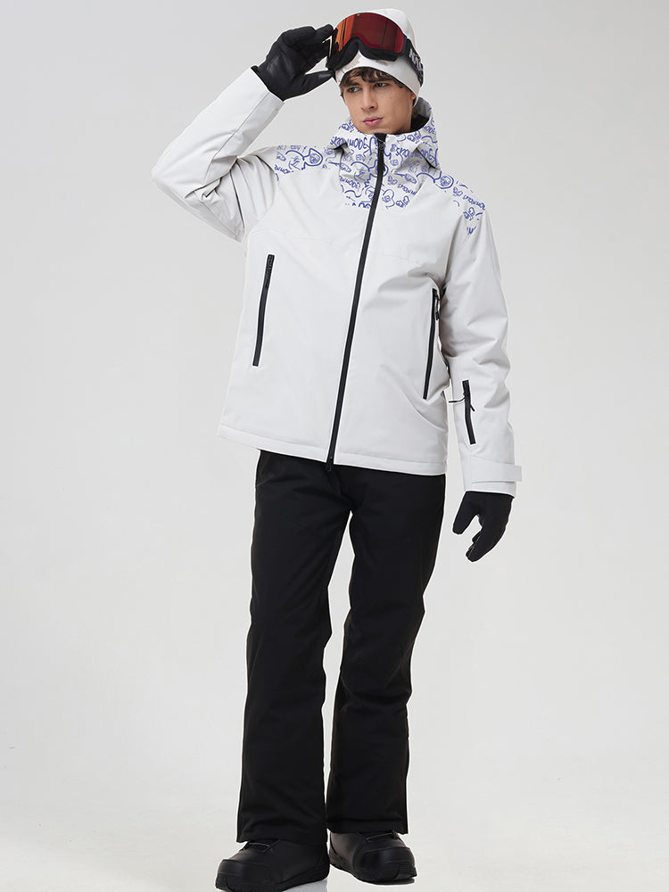YEEFINE men's White graphic ski jacket and black pants, posing with goggles