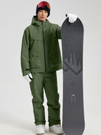 Men's army green snowboard jacket and pants set front view with snowboard