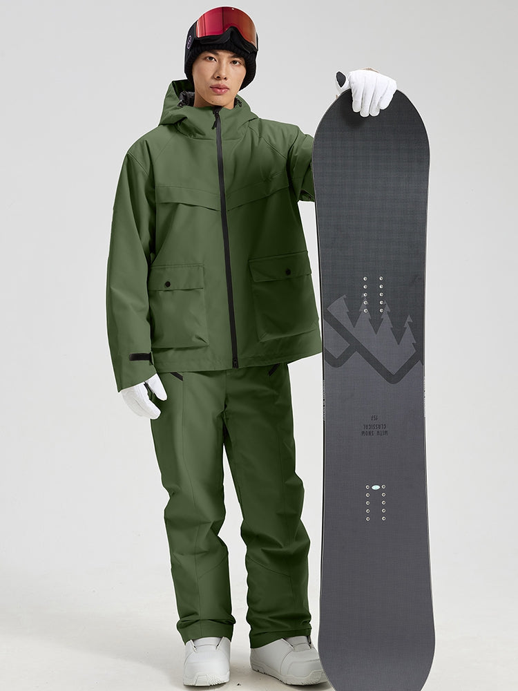 Men's army green snowboard jacket and pants set front view with snowboard