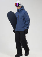 YEEFINE men's Navy graphic ski jacket and black pants, angled view with snowboard