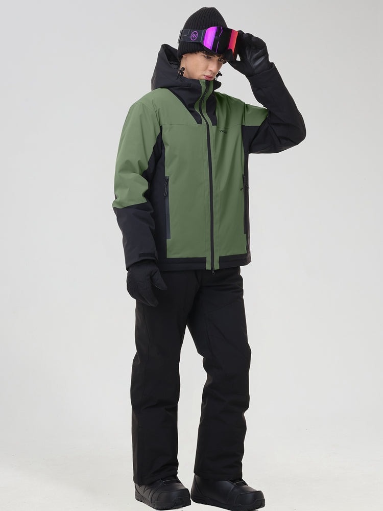 Men's army green color-block ski jacket, side view with goggles lifted