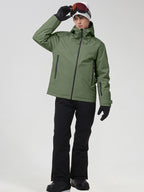 YEEFINE men's Army Green graphic ski jacket and black pants, posing with goggles